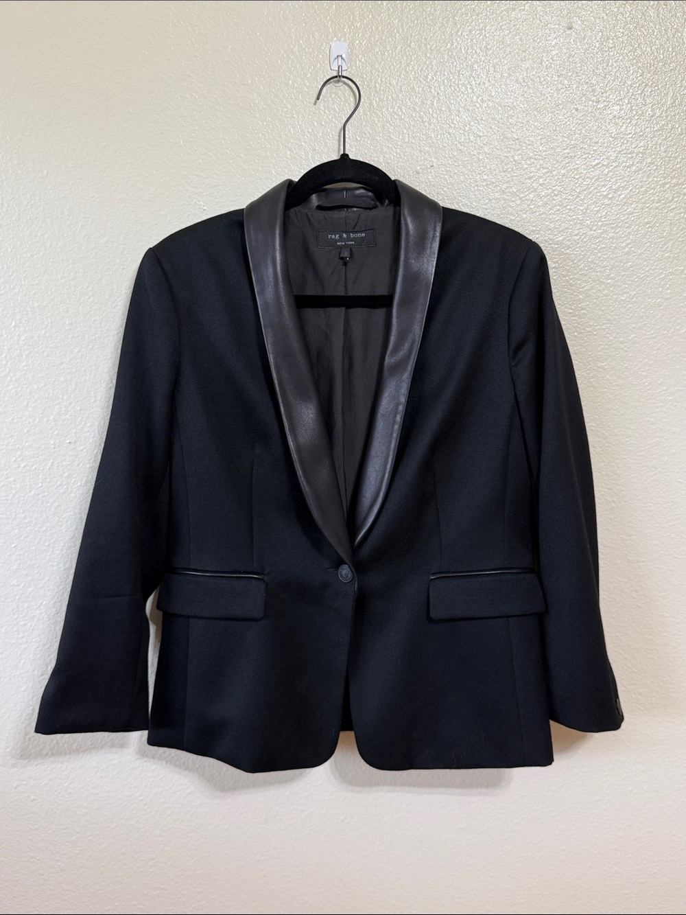 rag & bone Black Leather Shawl Collar‎ Single Button Wool Blazer Women’s Size 8